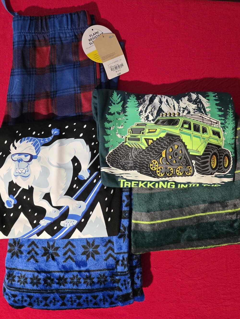 Kids Flannel Pajama Pants, And 2 Graphic PJ Sets With Fleece Bottoms.